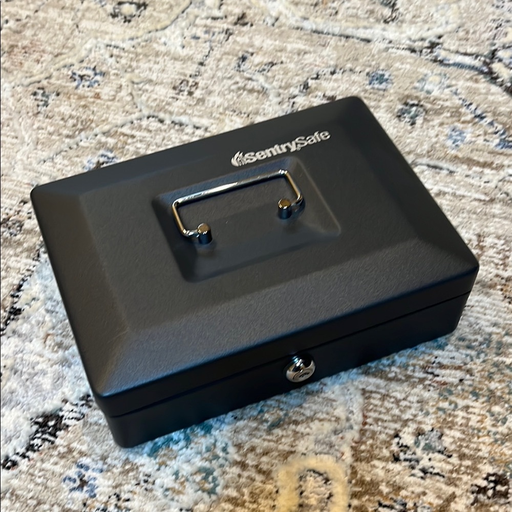 Black Metal Cash Box with Lock and Handle